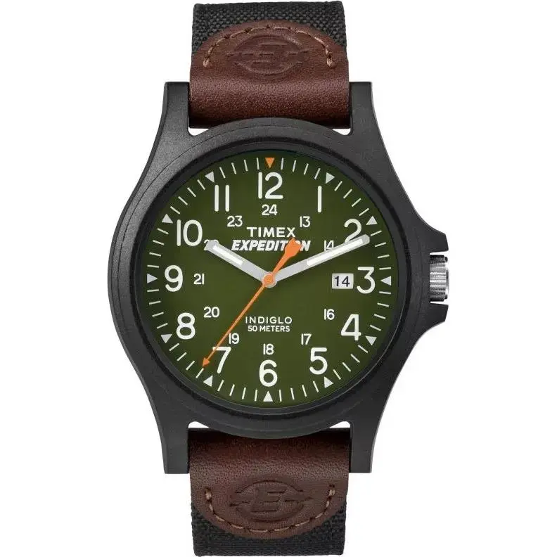 Timex TWF3C8430 Men`s Watch Leather Band Green Dial Analog Quartz