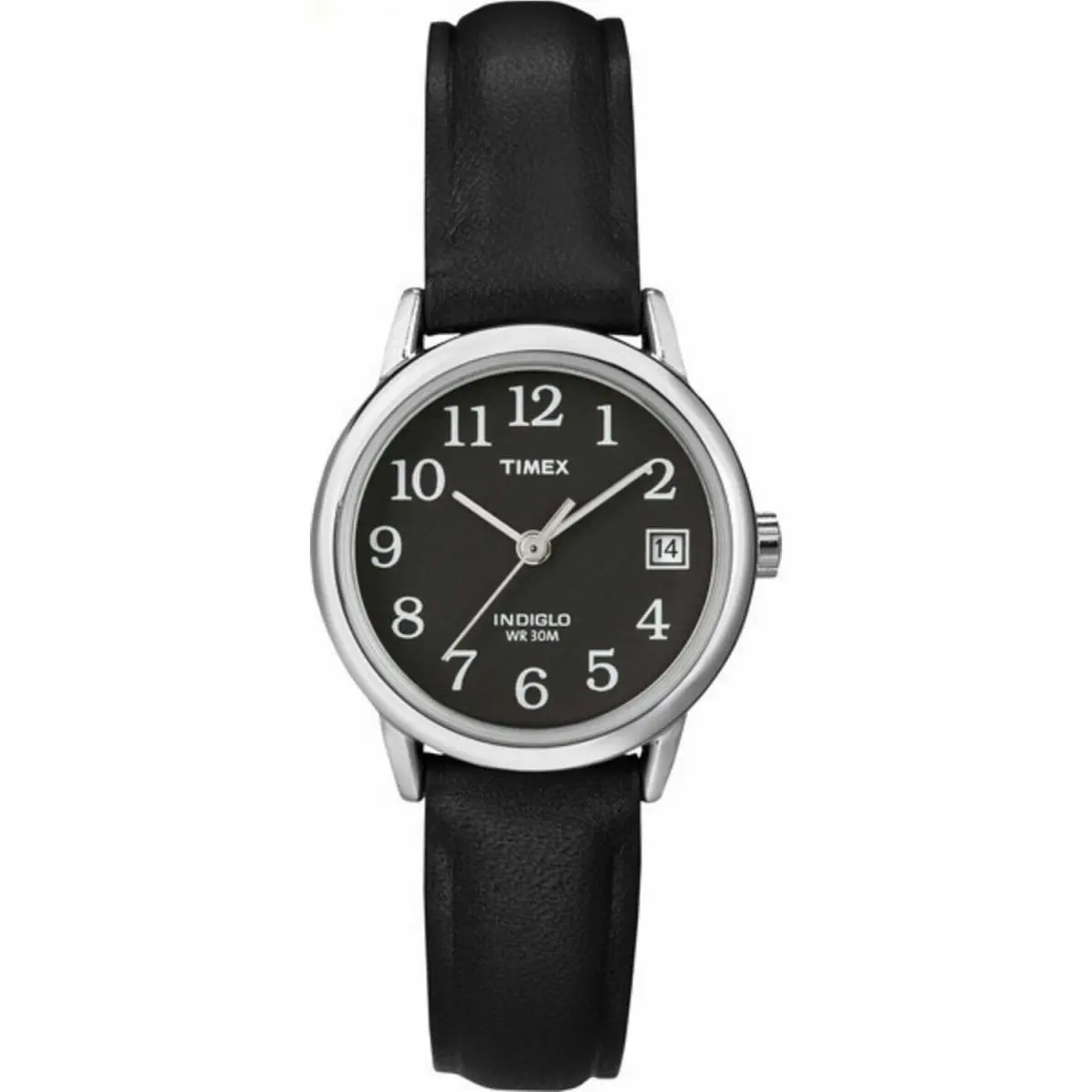 Timex T2N525 Women`s Black Leather Easy Reader Watch Indiglo Date 25MM Case - Dial: Black, Band: Black