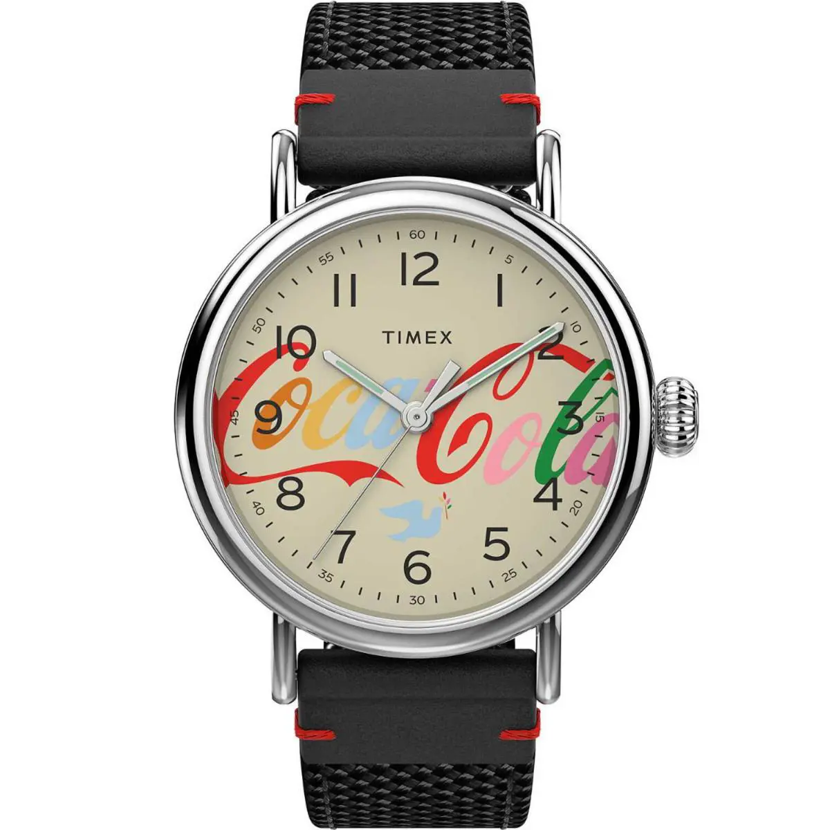 Timex TW2V26000 Weekender Coca Cola Men`s Analog Watch Black Nylon Strap - Dial: White, Band: Black