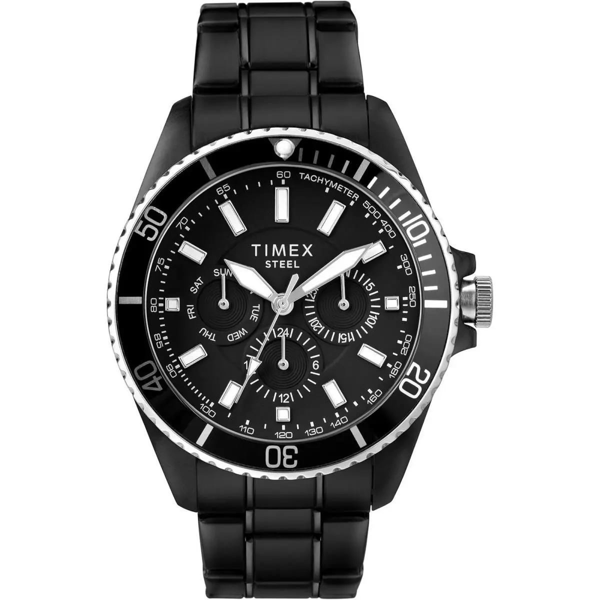 Timex TW2T59000 Steel Mens Black Analog Multifunction Watch Black Steel Bracelet