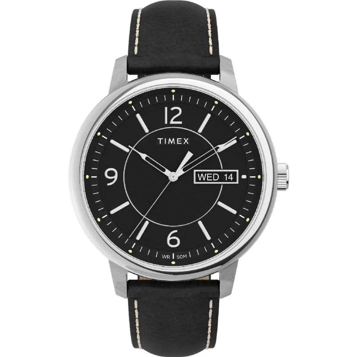 Timex TW2V29200 Men`s Chicago Leather Strap Black Dial Day-date Watch - Silver, Dial: Black, Band: Black
