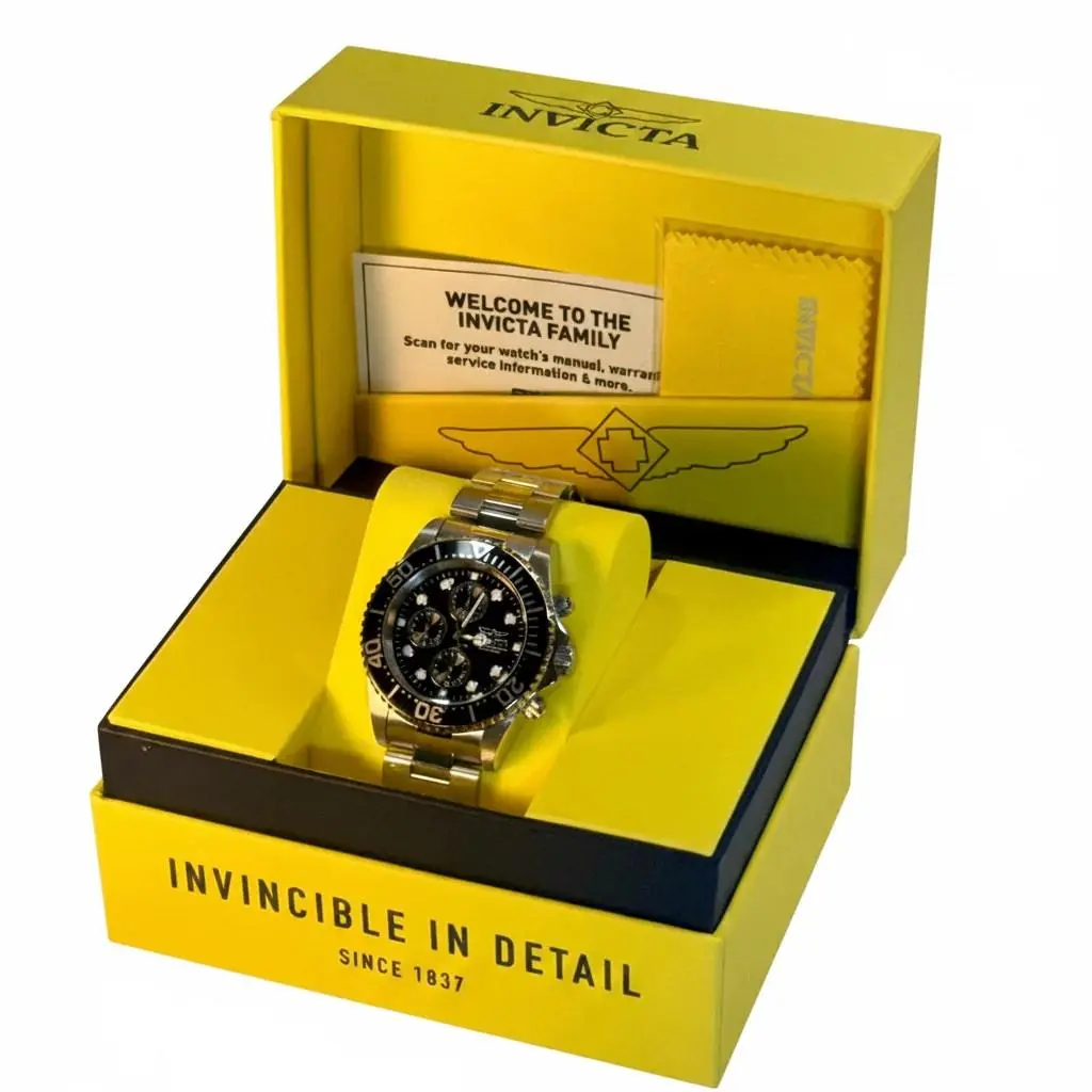 Invicta 1768 Mens Pro Diver Chronograph 43mm Steel Black Dial Stainless Bracelet