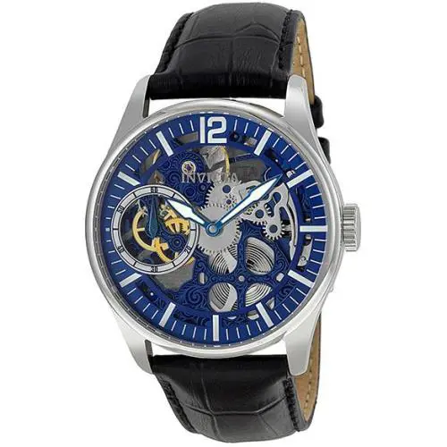 Invicta 12404 Vintage Mechanical Blue Skeleton Dial Leather Strap Men`s Watch - Dial: Blue, Band: Black