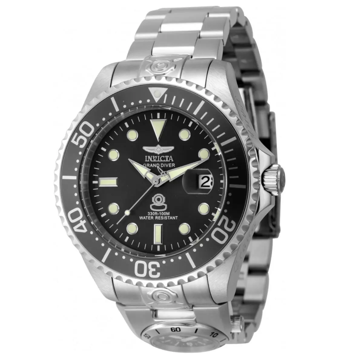 Invicta Grand Diver Automatic Dual Time Men`s 47mm Stainless Watch 45812 - Dial: Black, White, Band: Silver, Bezel: Black, Silver
