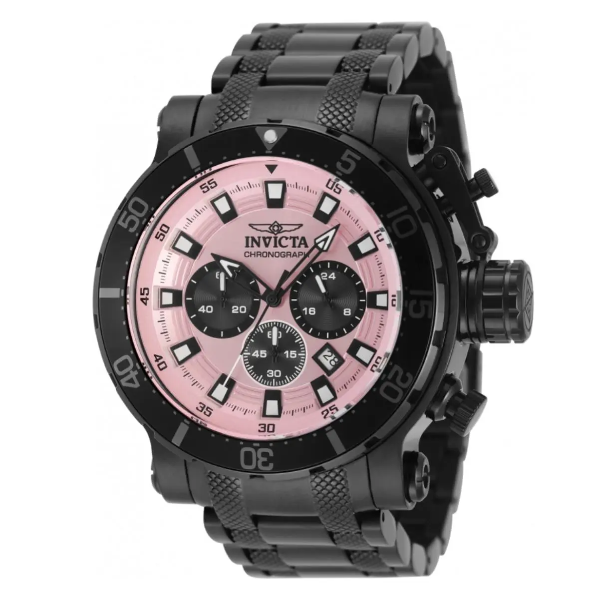 Invicta Coalition Forces Night Hawk Men`s 52mm Chrono Watch Black 49228 - Dial: Black,Pink,White, Black, Band: Black, Bezel: Black,Gray