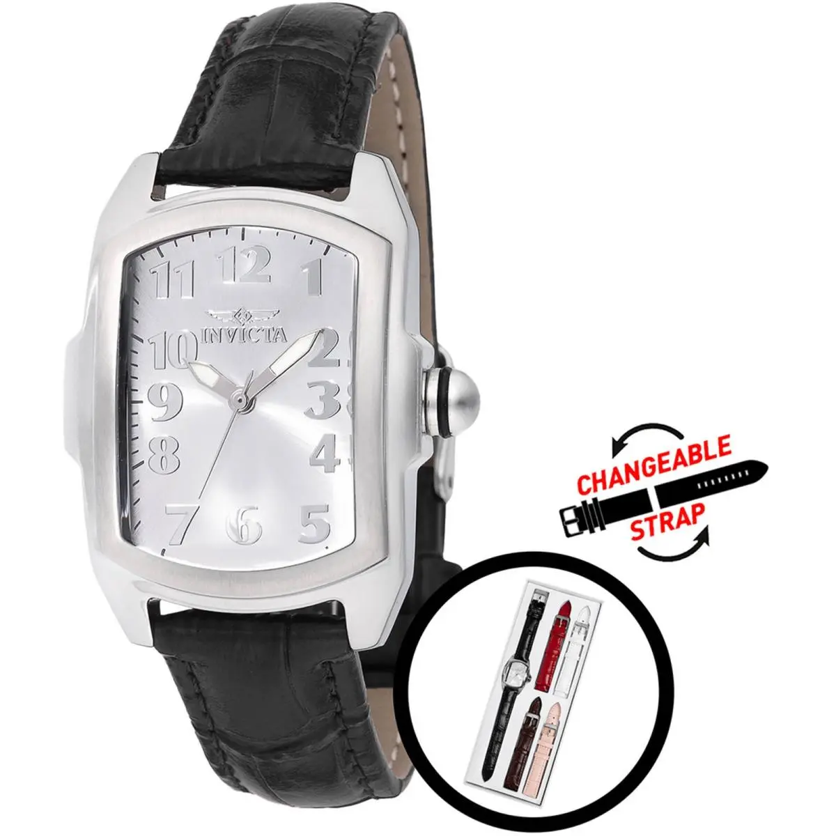 Women`s Watch Lupah Quartz Silver Dial Black Interchangeable Strap 48949 by Invicta