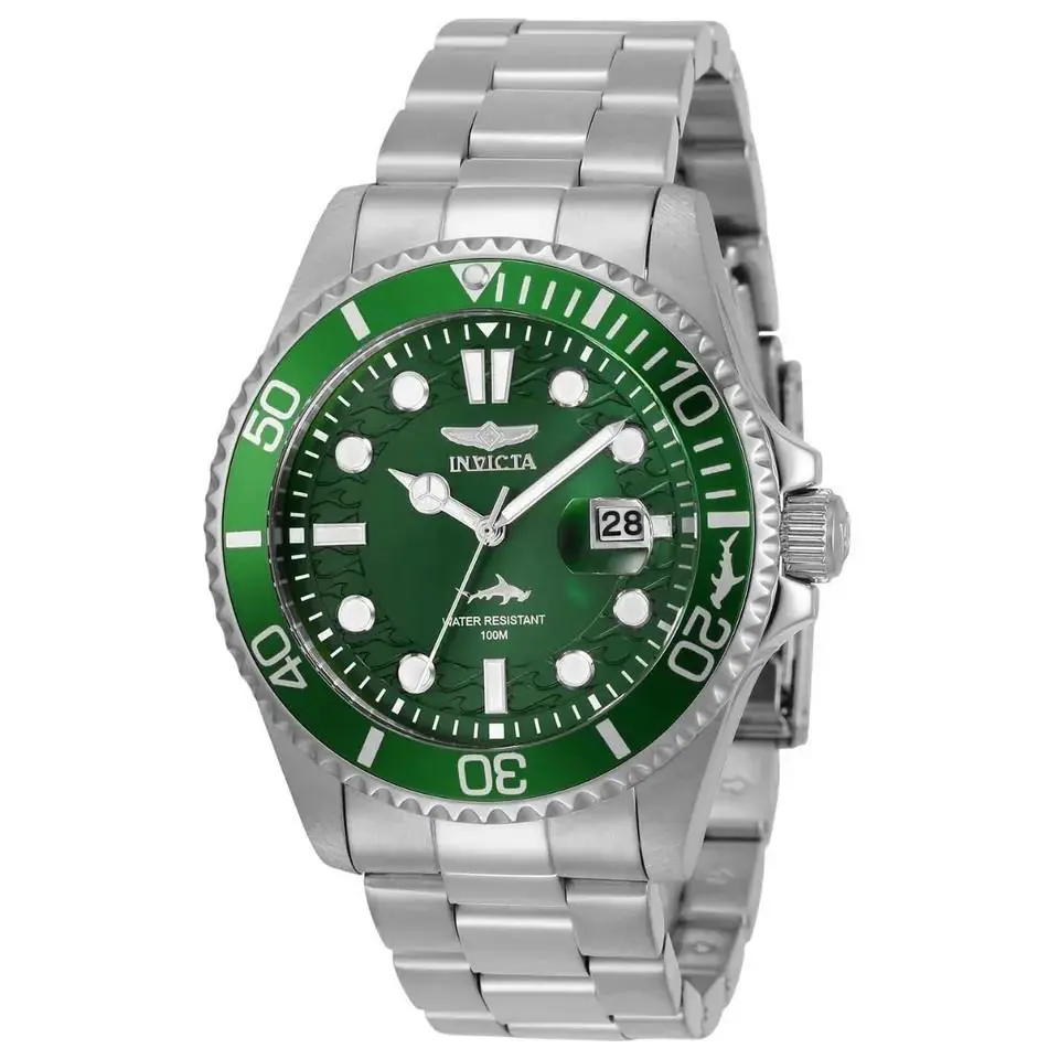 Invicta Pro Diver 43mm Men`s Watch Silver Tone Green Dial Bezel Stainless 30020