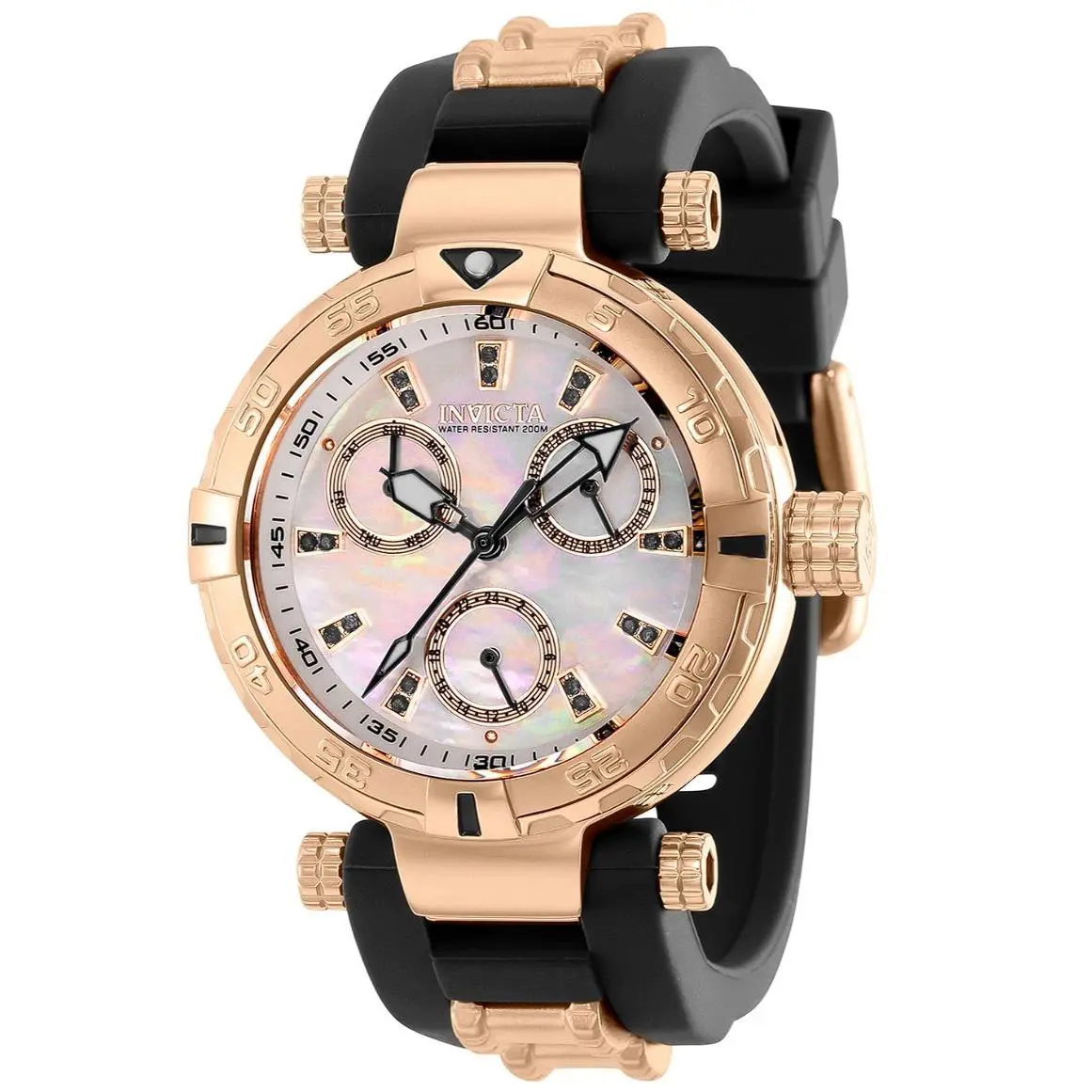 Invicta Subaqua Noma I Women`s 38mm Mop Black Spinel Gem Rose Gold Watch 39240 - Dial: Multicolor, Rose Gold, White, Band: Black, Bezel: Pink, Rose Gold