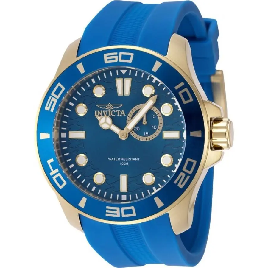 Invicta Pro Diver Latam Exclusive Quartz Blue Dial Men`s Watch 49270 - Dial: Blue, Band: Blue, Bezel: Gold-tone