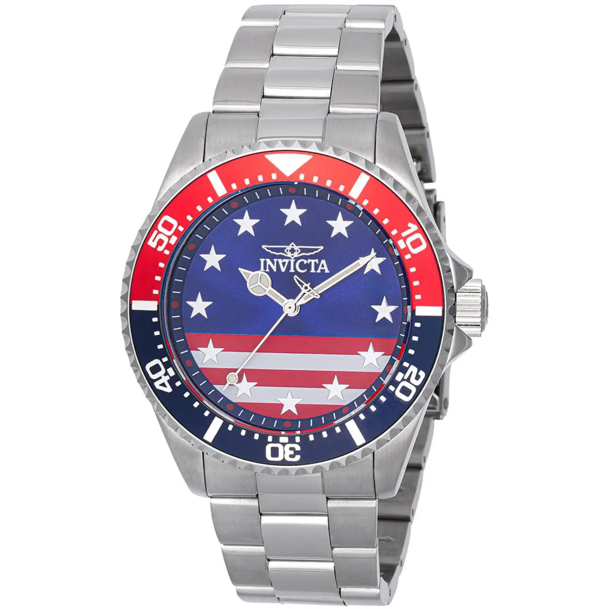 Invicta Men`s Watch Pro Diver Red White and Blue Dial Silver Bracelet 48942