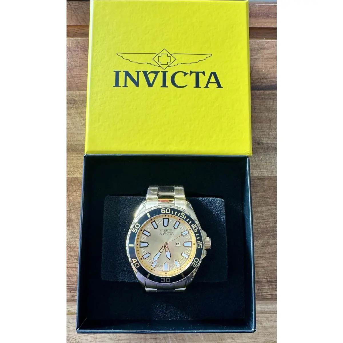 46894 - Invicta Pro Diver Men`s Watch - 46mm Gold with Beautiful Black Bezel