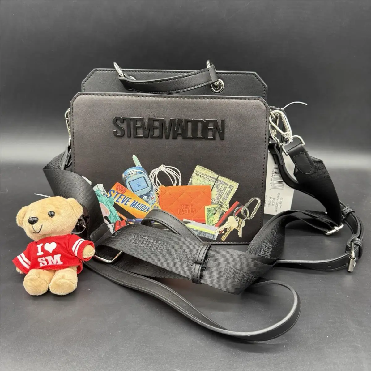 Steve Madden Bevelyn Black Chaos Print Satchel Crossbody Bag w/ Bear Charm