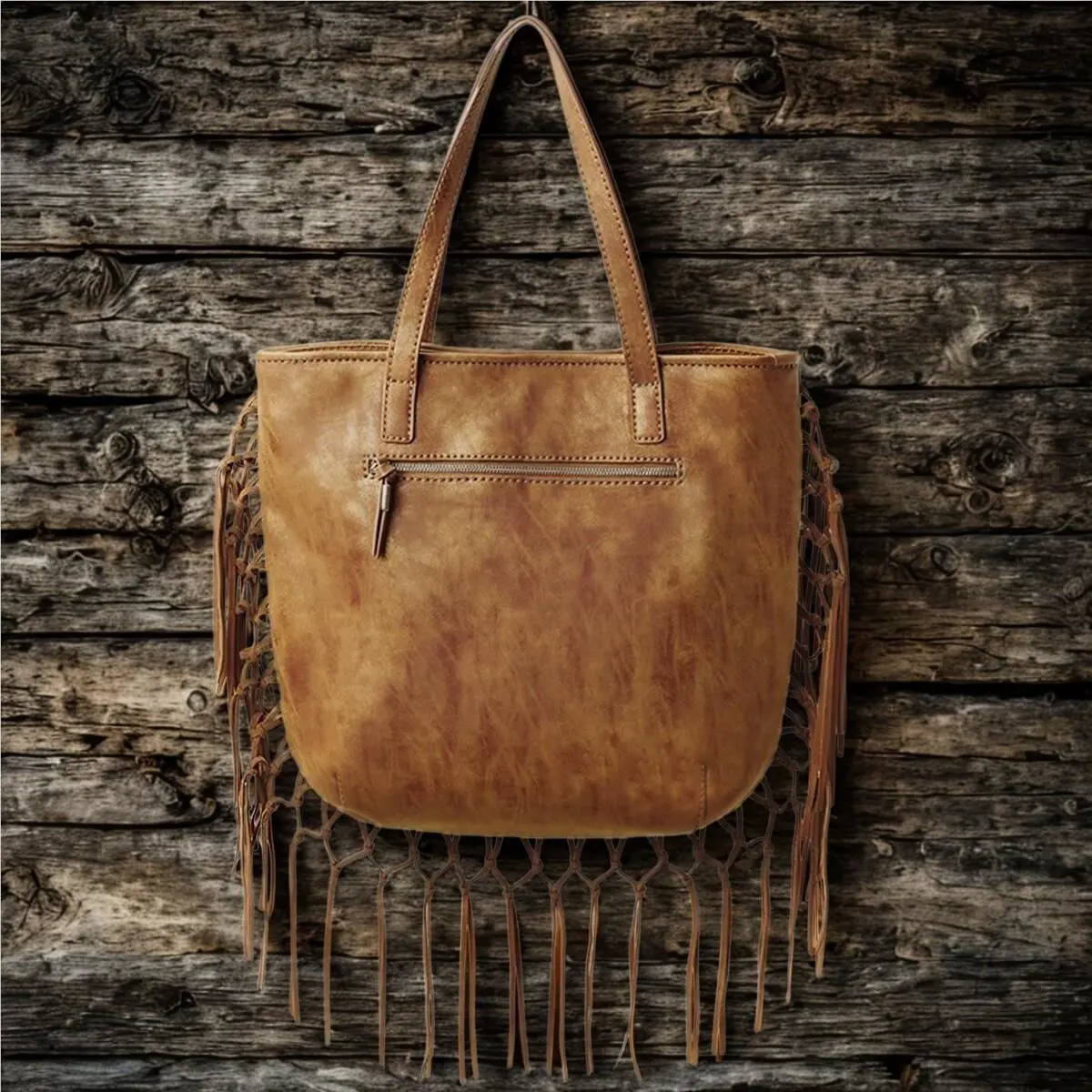 Steve Madden Shay Fax Leather Fringe Trim Large Tan Bucket Tote