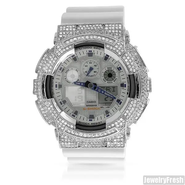 Silver White Custom CZ  G-shock GA-100 Watch by Casio