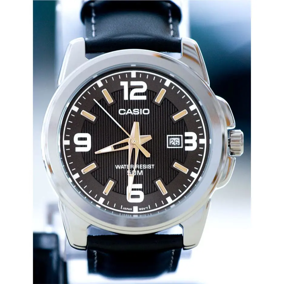 Casio MTP1314L-8AV Men`s Large Analog Watch Gray Dial Leather Band Date