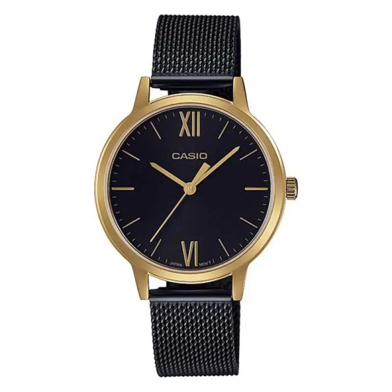 Casio Enticer Analog Women`s Stainless Steel Mesh Band Watch LTP-E157MGB-1BDF - Dial: Black, Band: Black