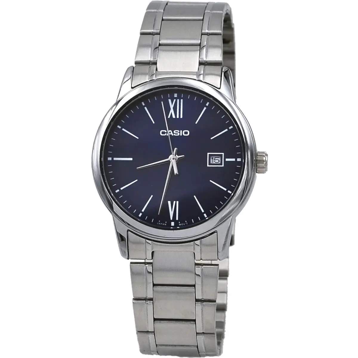Casio MTP-V002D-2B3 Men`s Standard Stainless Steel Date Roman Blue Dial Watch - Dial: Blue, Band: Silver
