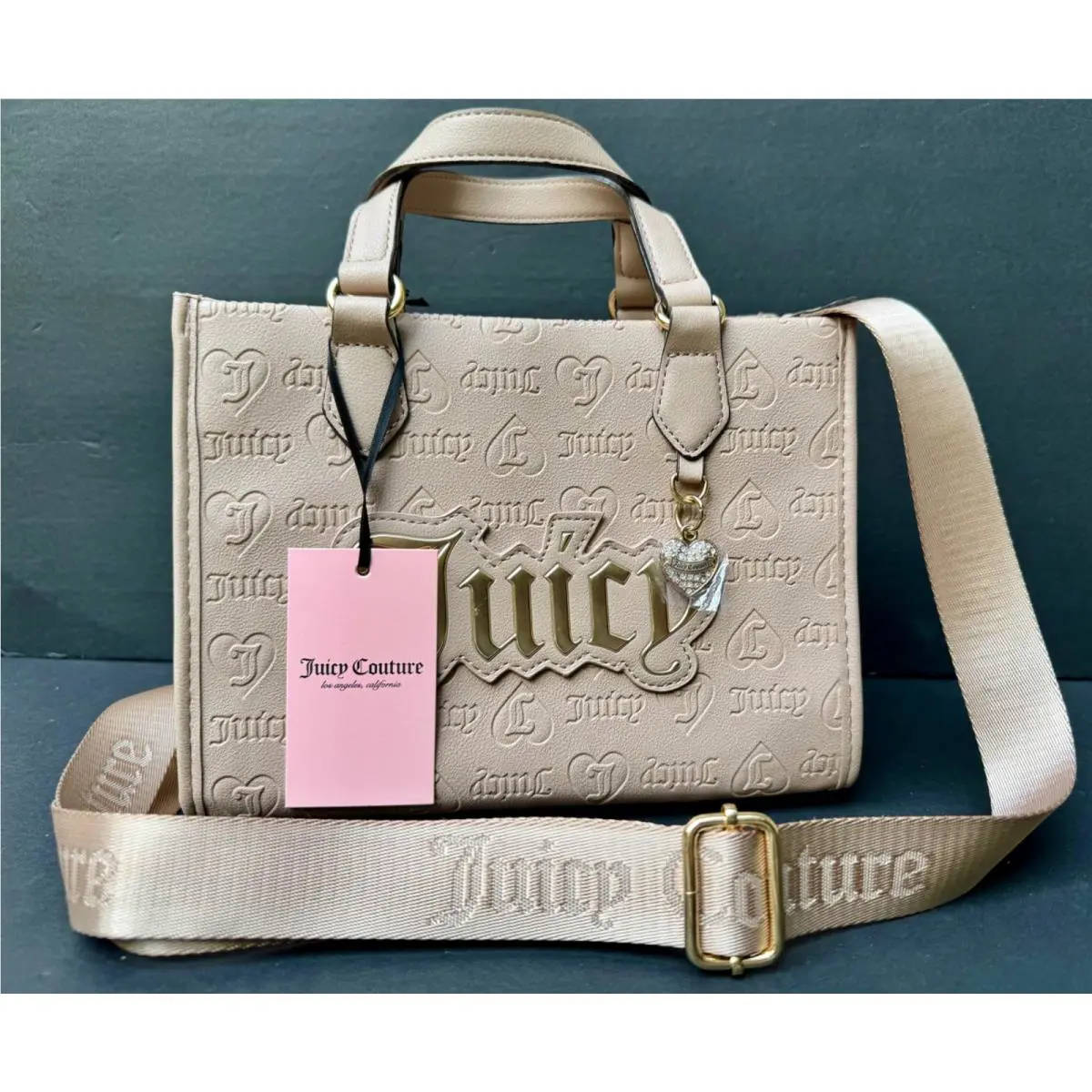 Juicy Couture Upgrade U Mini Tote Beige Hand Bag Shoulder Strap Gold