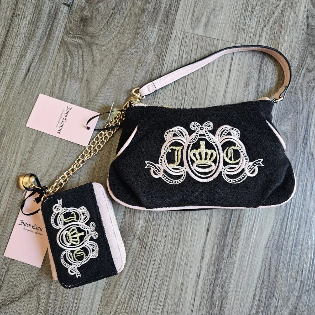 Juicy Couture Lovers Club Wristlet Black Pink Velour Bling Mini Purse Bag Y2K