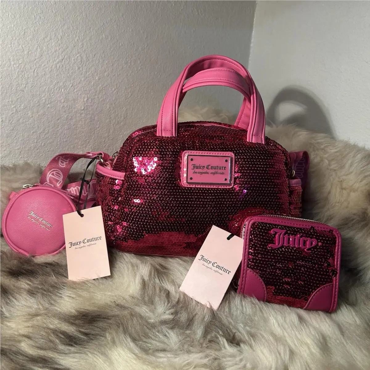 Juicy Couture Puffed Up Satchel Wallet Set - Pink Sequins