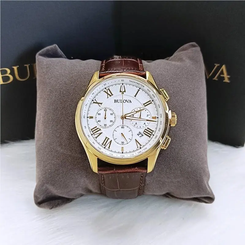 Men`s  Wilton White Dial Brown Leather Classic 97B169 Quartz Watch 46.5mm by Bulova