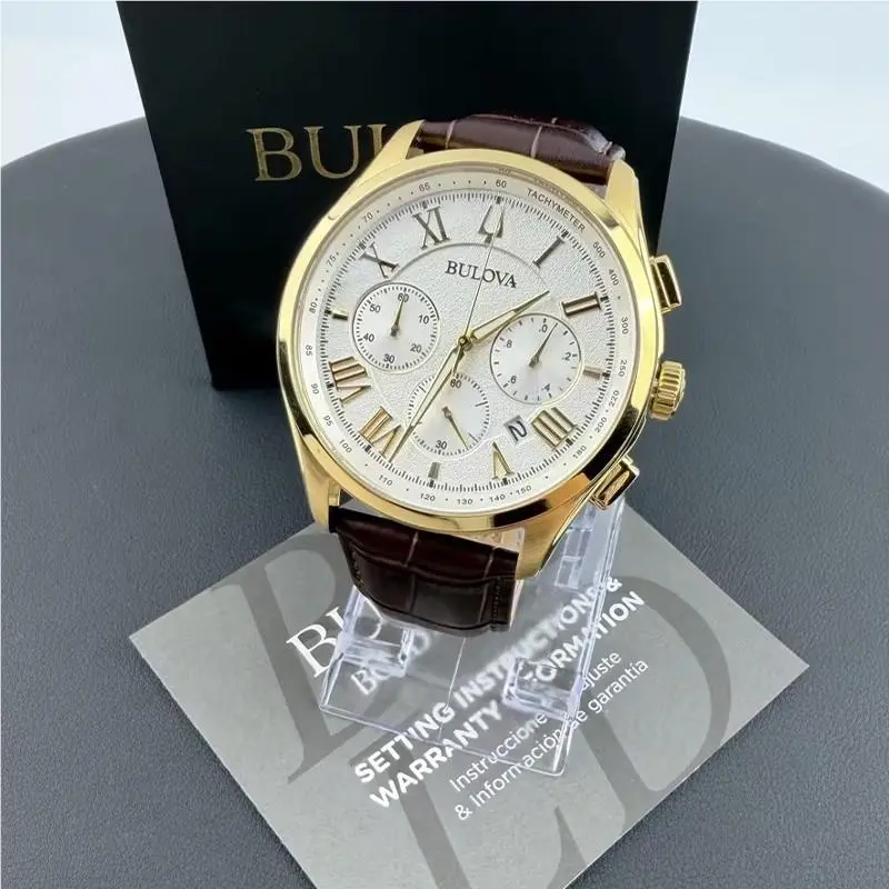 Men Bulova Wilton White/gold Dial Leather Chronograph 97B169 Quartz Watch 46.5mm - Dial: White, Band: Brown, Bezel: Gold