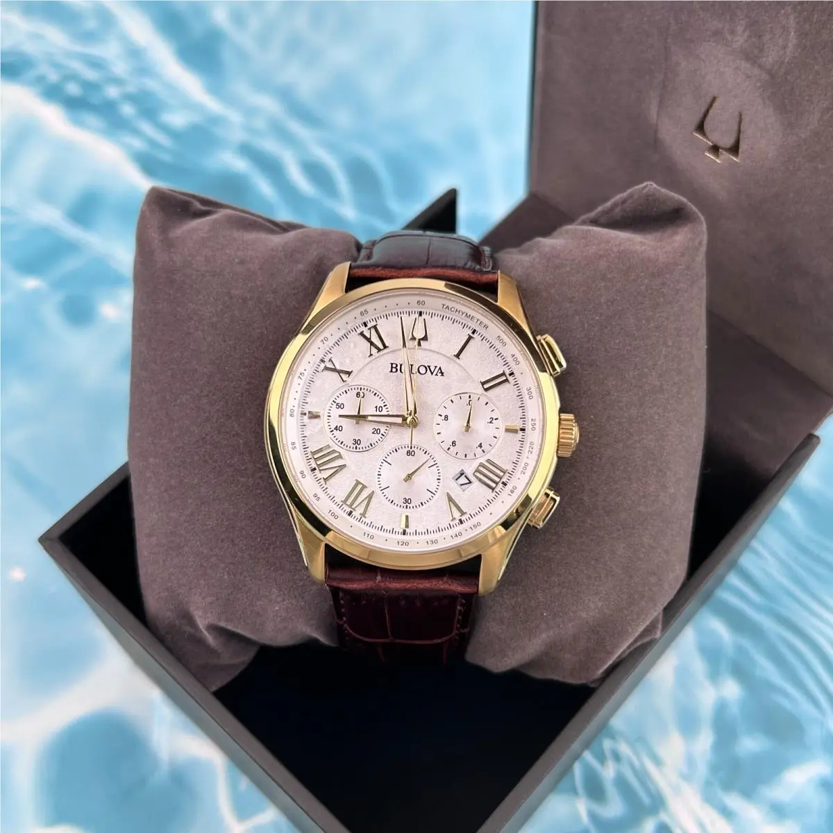 Bulova White Dial Brown Leather Men`s Chronograph Watch 97B169 Quartz Watch 46mm - Dial: White, Band: Brown
