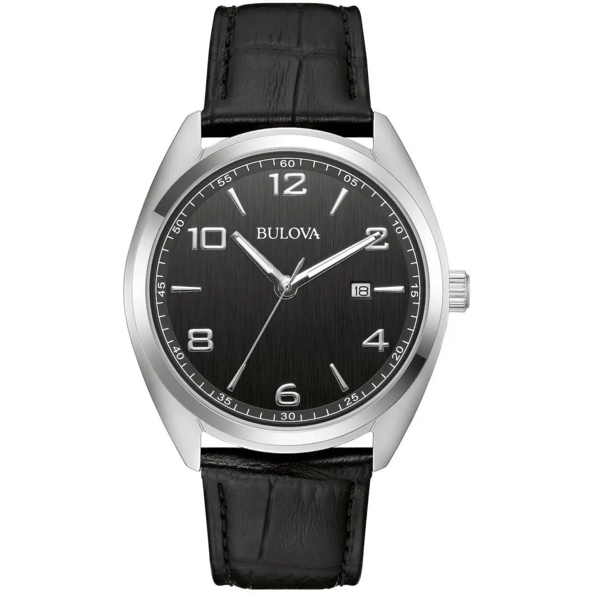 Bulova Men`s Watch Classic Quartz Silver Case Black Dial Leather Strap 96B453