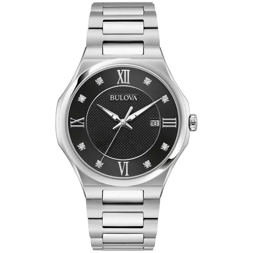 Bulova Men`s Diamond Accent Date Quartz Silver Stainless Steel Watch 41MM 96D156