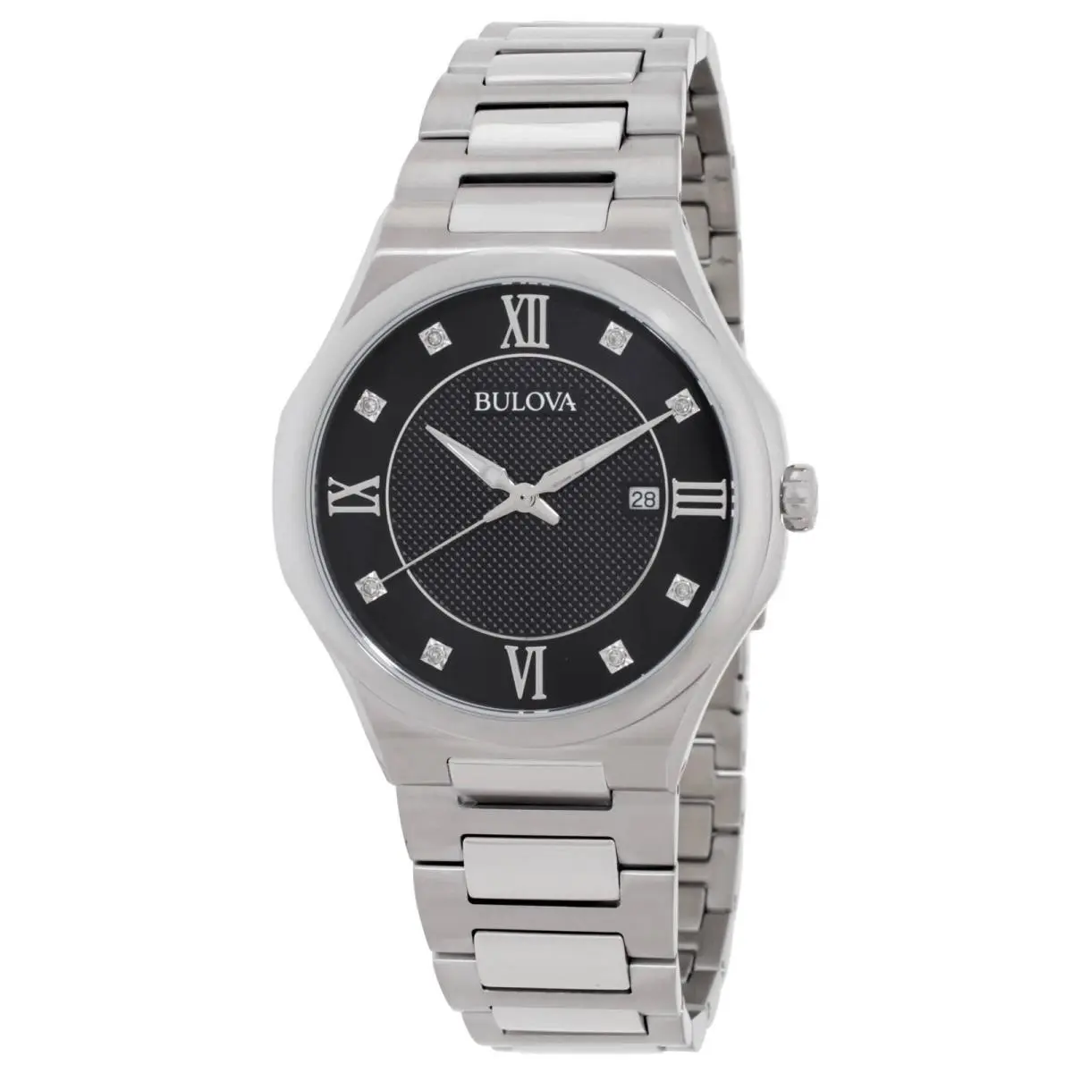 Bulova Classic Quartz Crystal Black Dial Men`s Watch 96D156 - Dial: Black, Band: Silver-tone, Bezel: Silver-tone