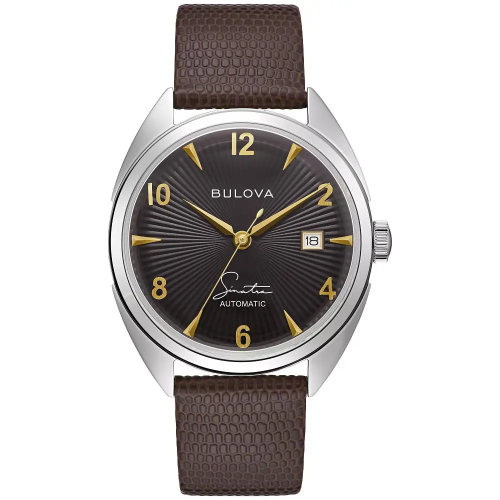 Bulova Frank Sinatra Fly Me To The Moon Automatic Mens Watch 96B348 - Dial: Black, Band: Brown, Bezel: Gold