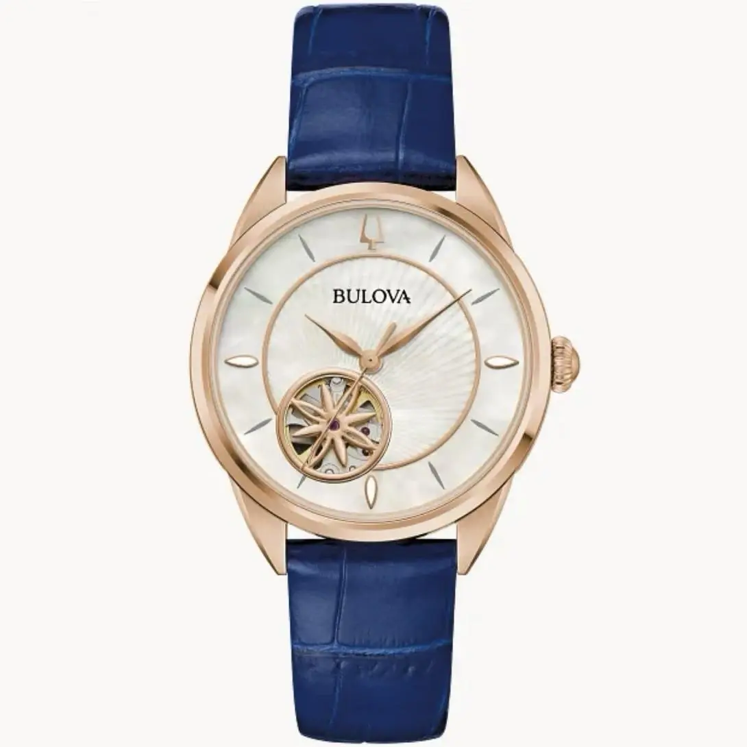 Bulova Sutton Mop Openheart Automatic Rose Gold Blue Leather Ladies Watch 97L180 - Dial: Mother Of Pearl, MOP, Pink, White, Blue, Multicolor, Band: Blue, Bezel: Rose Gold