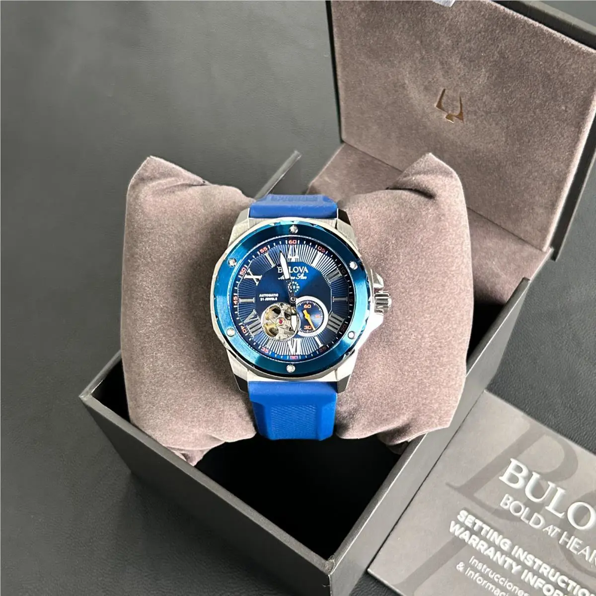 Bulova Marine Star Blue Dial-blue Silicon Strap 98A303Automatic Men`s Watch 45mm