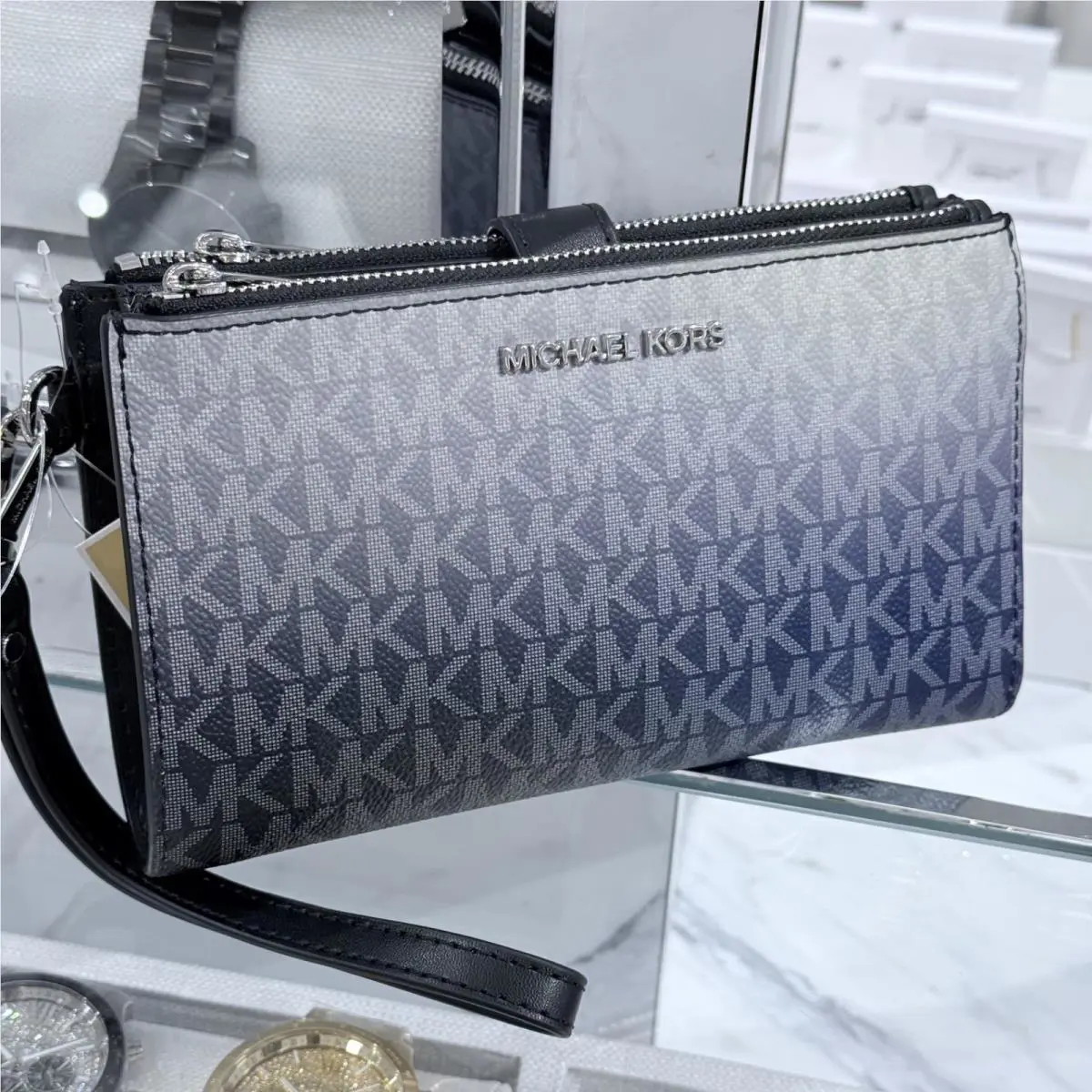 Michael Kors Jet Set Travel Double Zip Wristlet Wallet MK Logo Ombre Black Multi