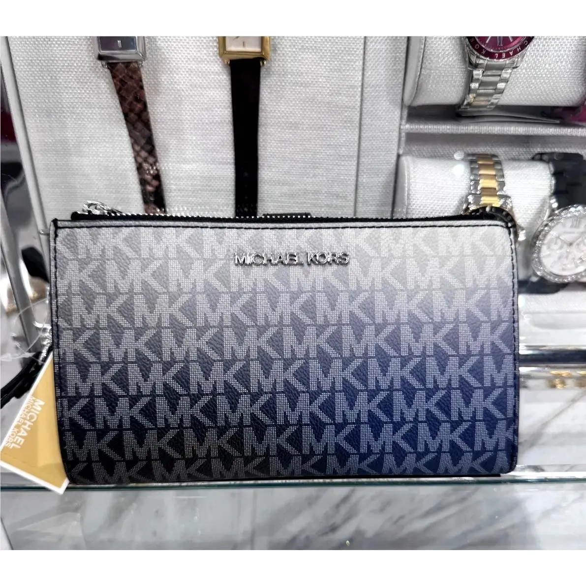 Michael Kors Jet Set Travel 2 Zip LG Wristlet Wallet MK Ombre Black Multi