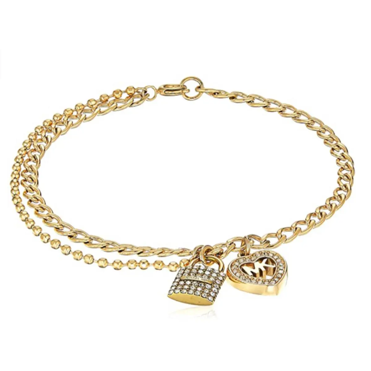 Michael Kors MK Logo Heart Crystal Padlock Yellow Gold Chain Bracelet + MK Box