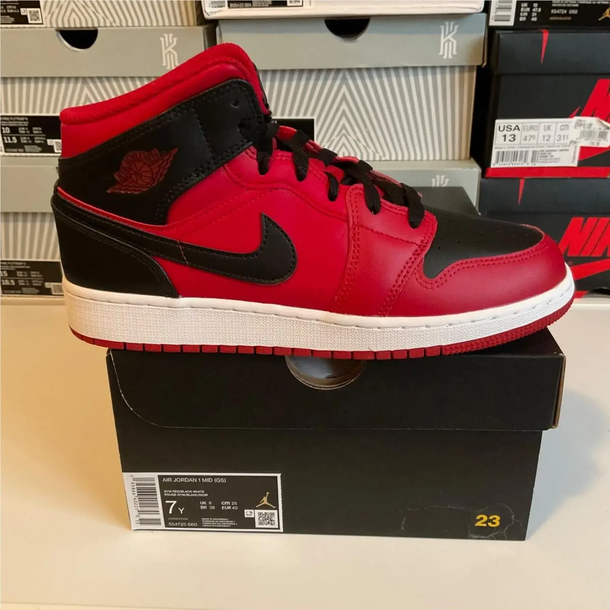 Nike Air Jordan 1 Mid Reverse Bred Black Red Shoes GS 554725-660 Box Youth