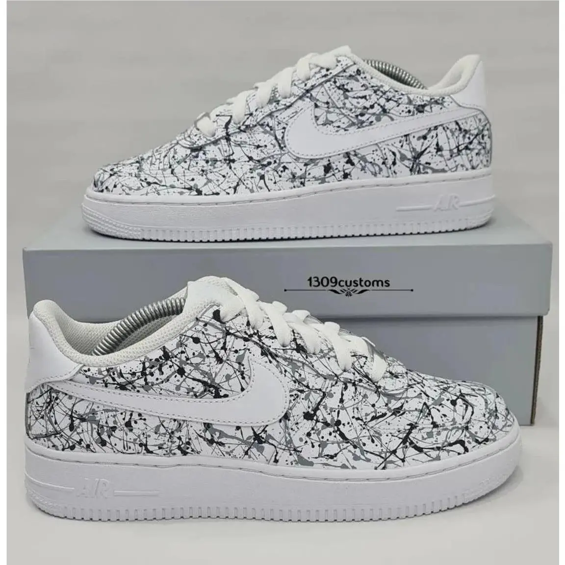 Nike Air Force 1 Custom White Shoes Black Gray Edgy Monochrome Splatter Mens Womens