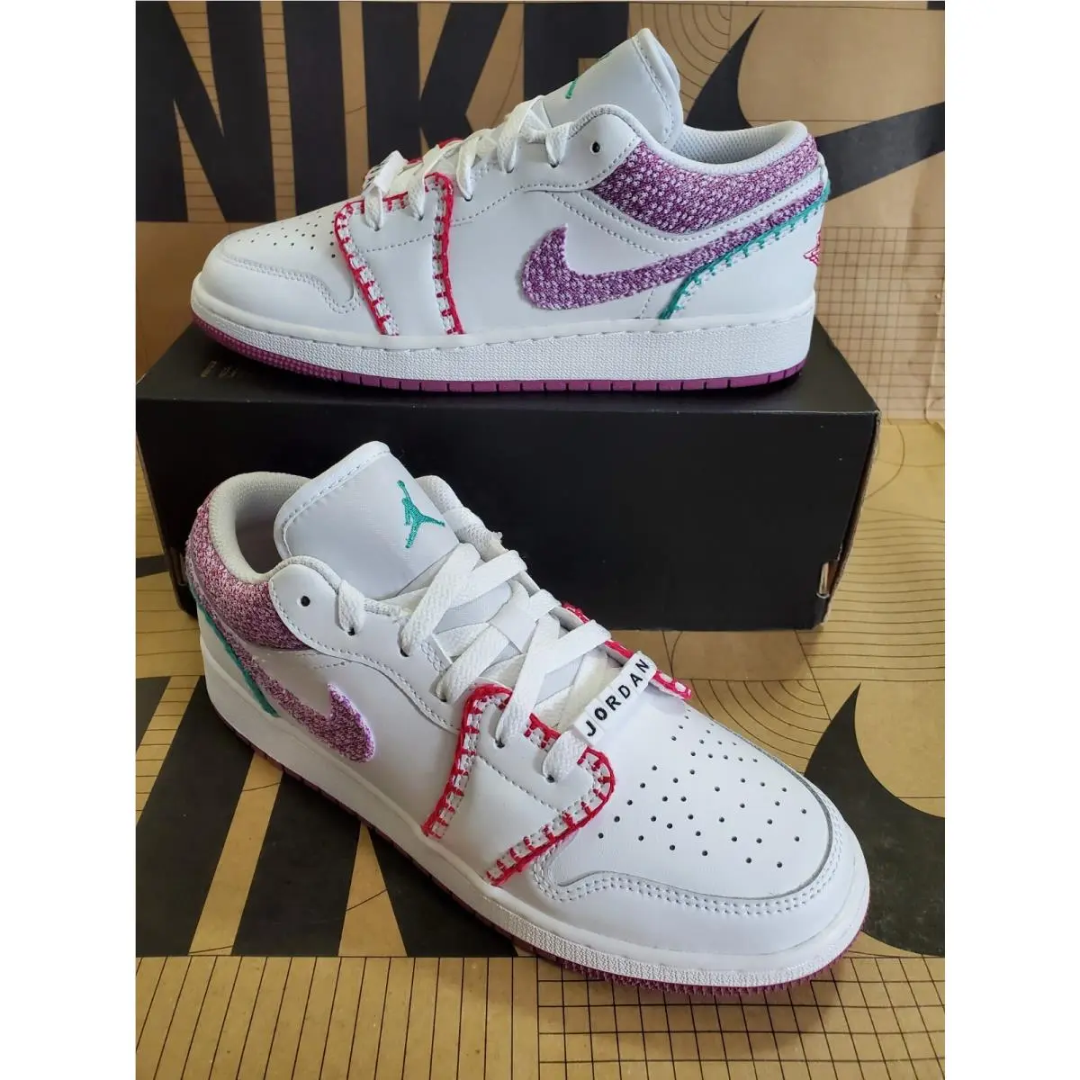 Air Jordan 1 Low SE GS White Bordeaux Knit DM9037 100 Size 6.5Y Women’s Size 8