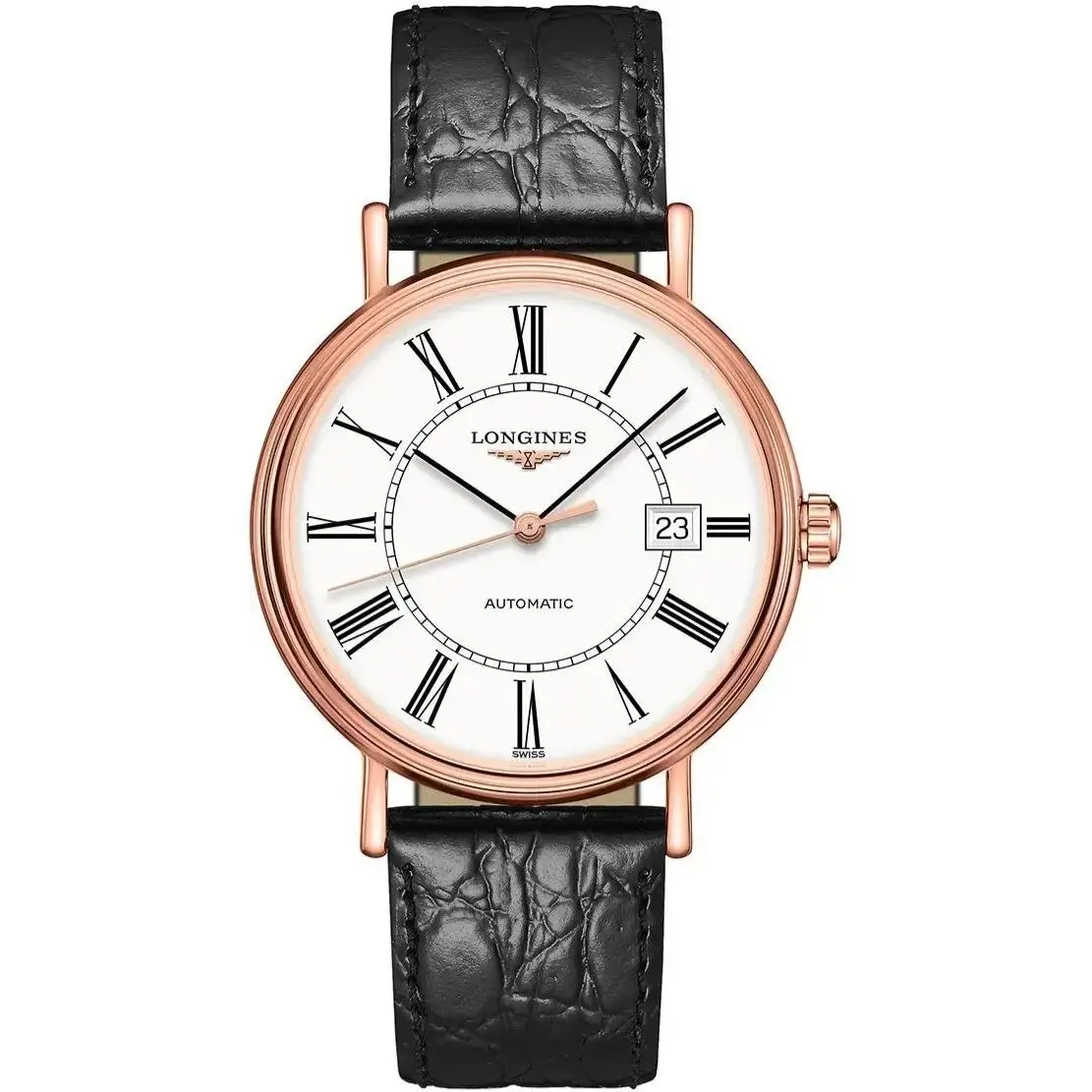 Longines Presence Auto 40MM White Dial Leather Mens Watch L4.922.1.11.2 - Dial: White, Band: Black, Bezel: Rose Gold