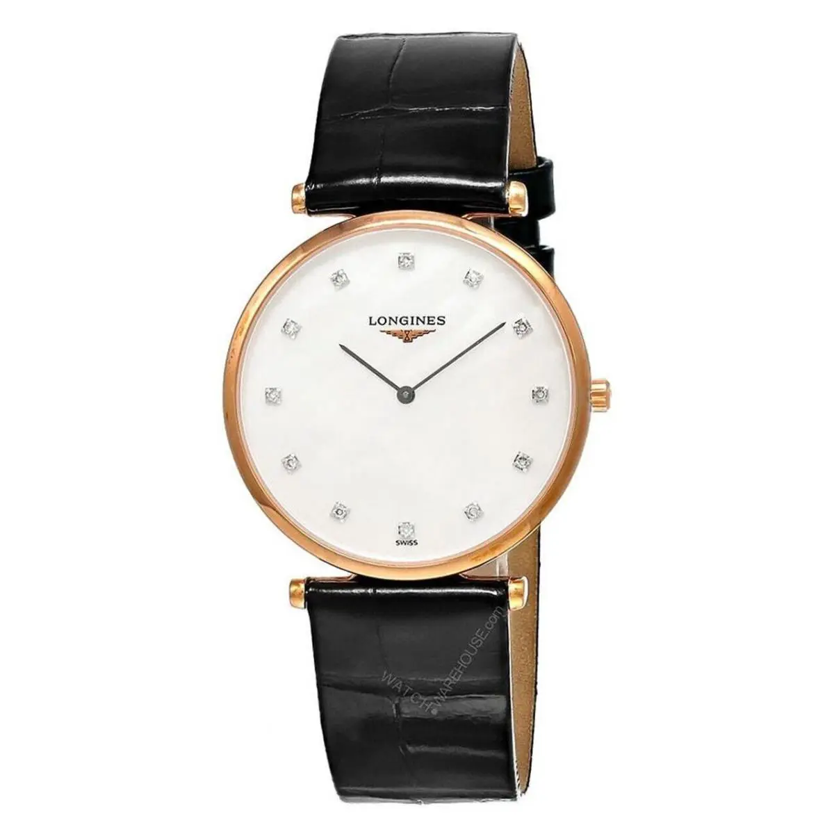 Longines La Grande Classique 33MM 12 Diamond Mop Unisex Watch L4.709.1.88.2 - Dial: White (Mother Of Pearl), Band: Black, Bezel: Rose Gold PVD
