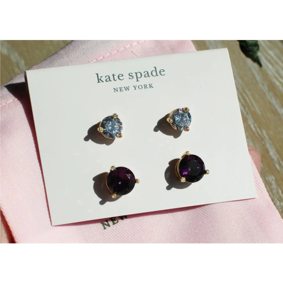 Kate Spade Rise and Shine Clear Crystal Stud Earrings cz Set Purple