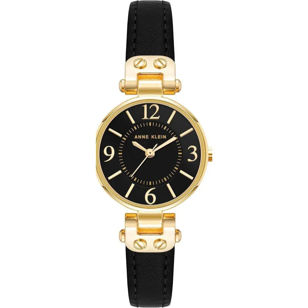 Anne Klein Women Watch Round Case Analog Dial Leather Strap Watch- Gold/black