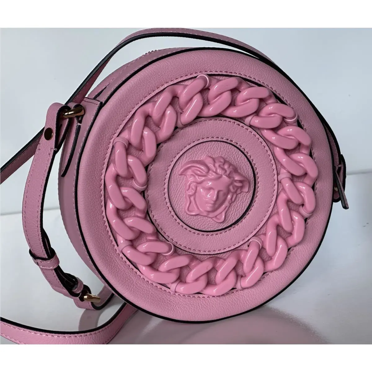 Versace Medusa Head Calf Leather Round Pink Crossbody Bag 1021602 IT