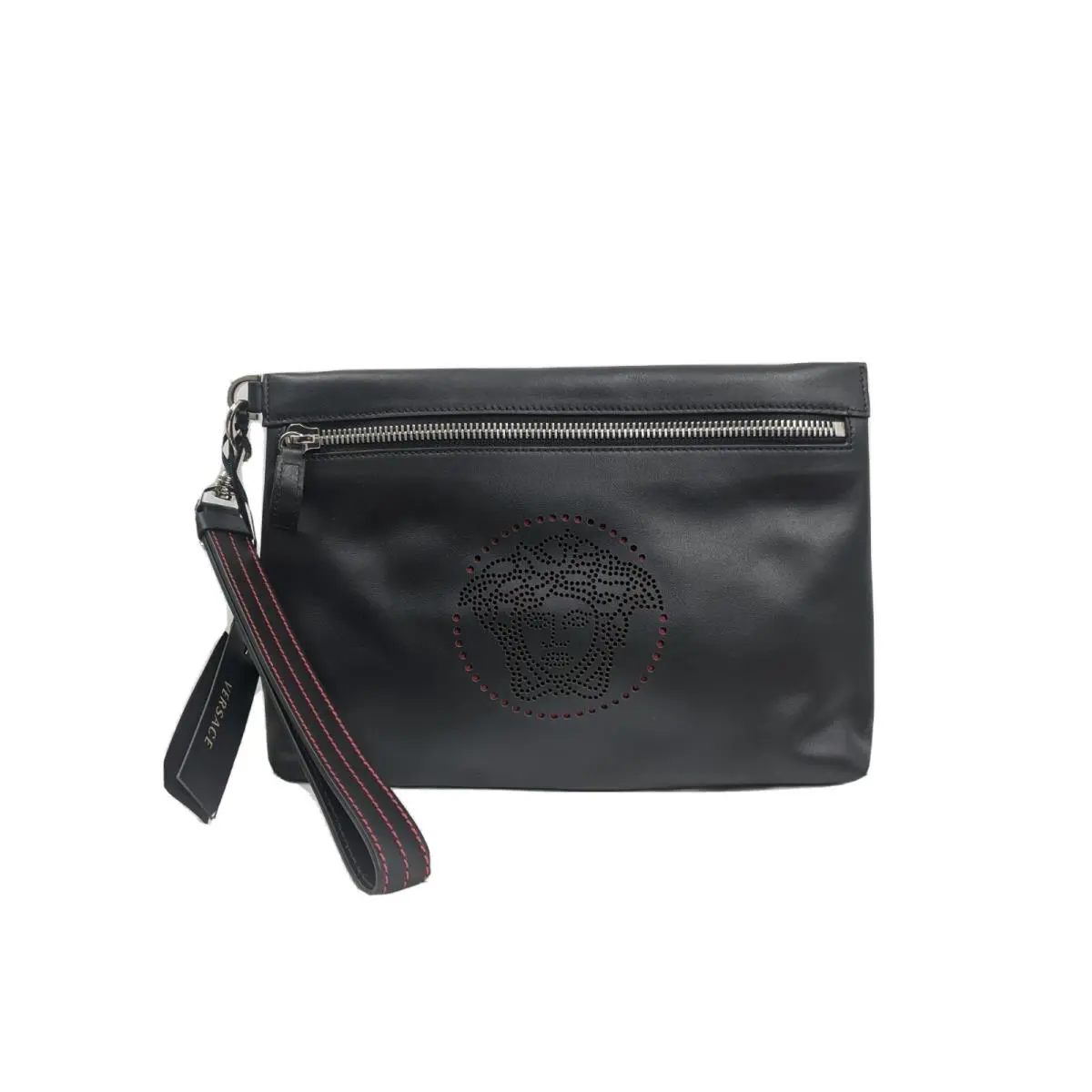 Black Leather Large Medusa Clutch Bag Leather with Dust Bag by Versace