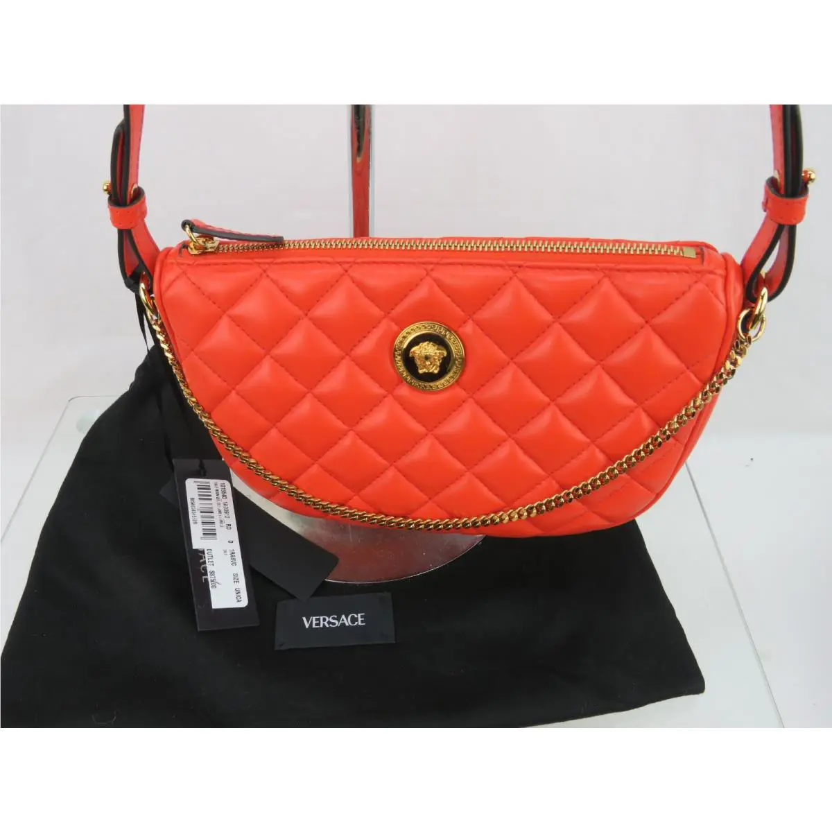 Versace Quilted Red Leather Gold Medusa Gold Chain 1/2 Moon Crossbody Should Bag - Handle/Strap: Gold, Hardware: Gold, Exterior: Red