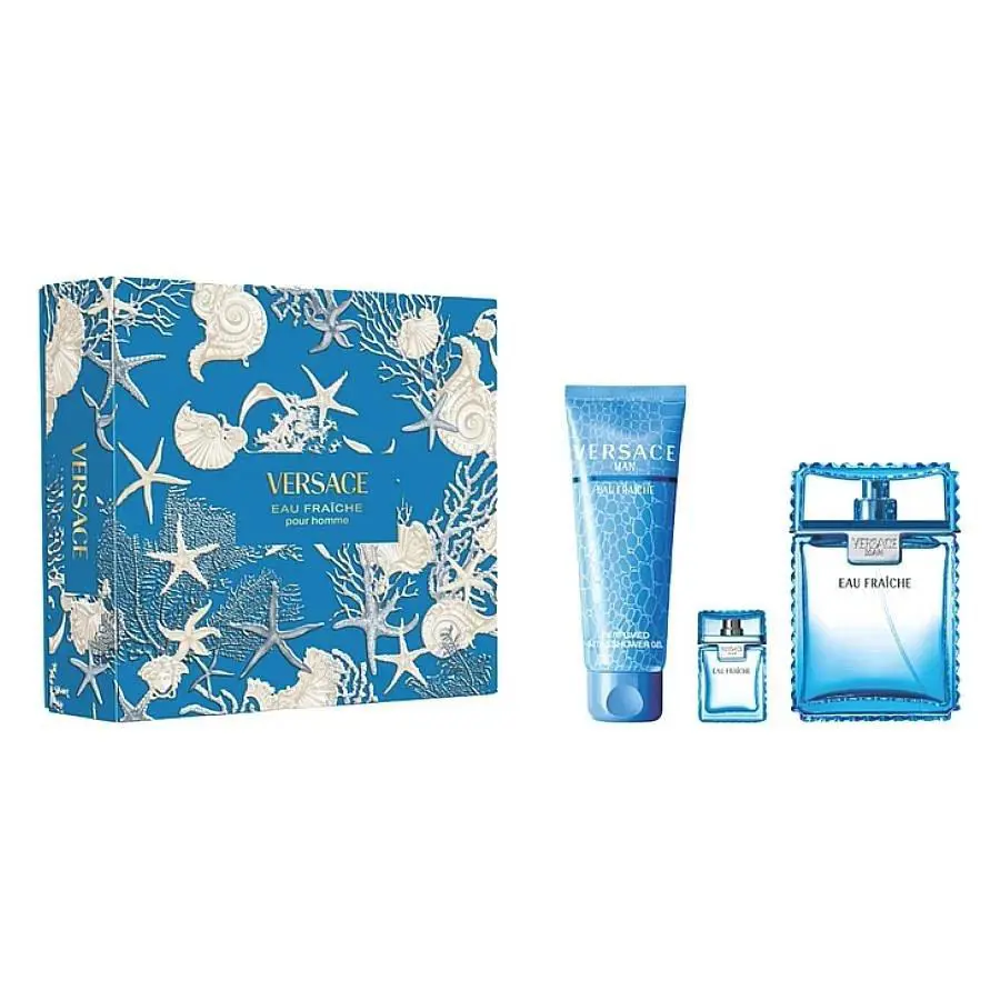 Eau Fraiche by Versace Men 3 Piece Set 3.4 oz Edt Spray 5.0 oz S/g 5 ML Mini