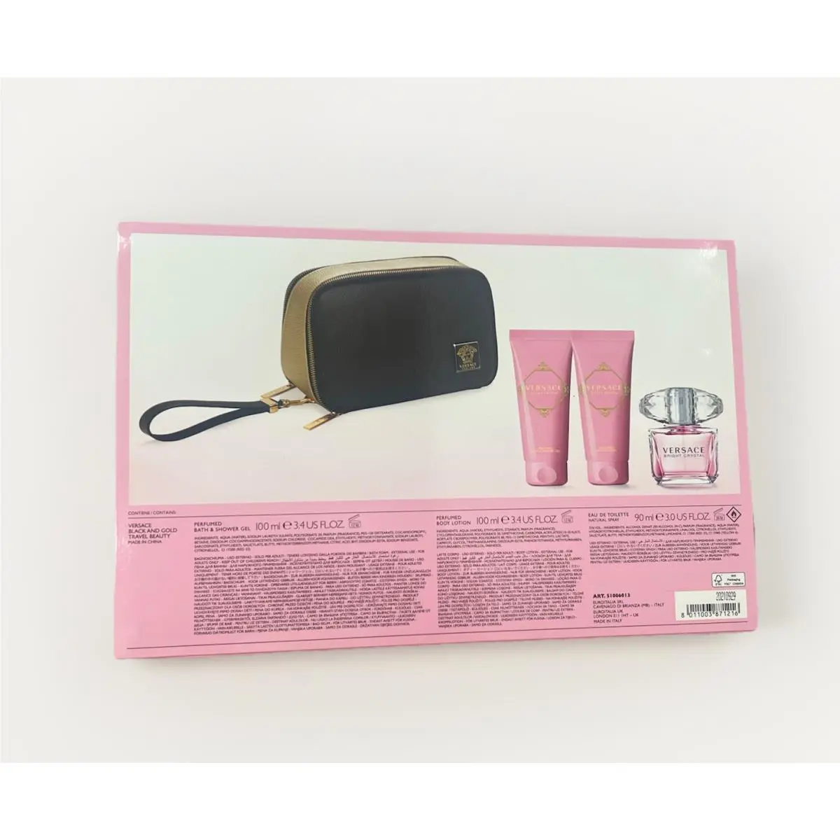 Versace Bright Crystal 4pc Gift Set 3oz EDT+3oz B/L+3oz S/g+bag