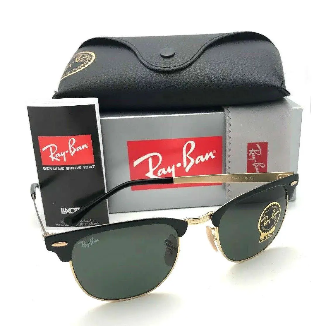 Ray-ban Sunglasses Clubmaster Metal RB 3716 187 Black Gold w/ G15 Green
