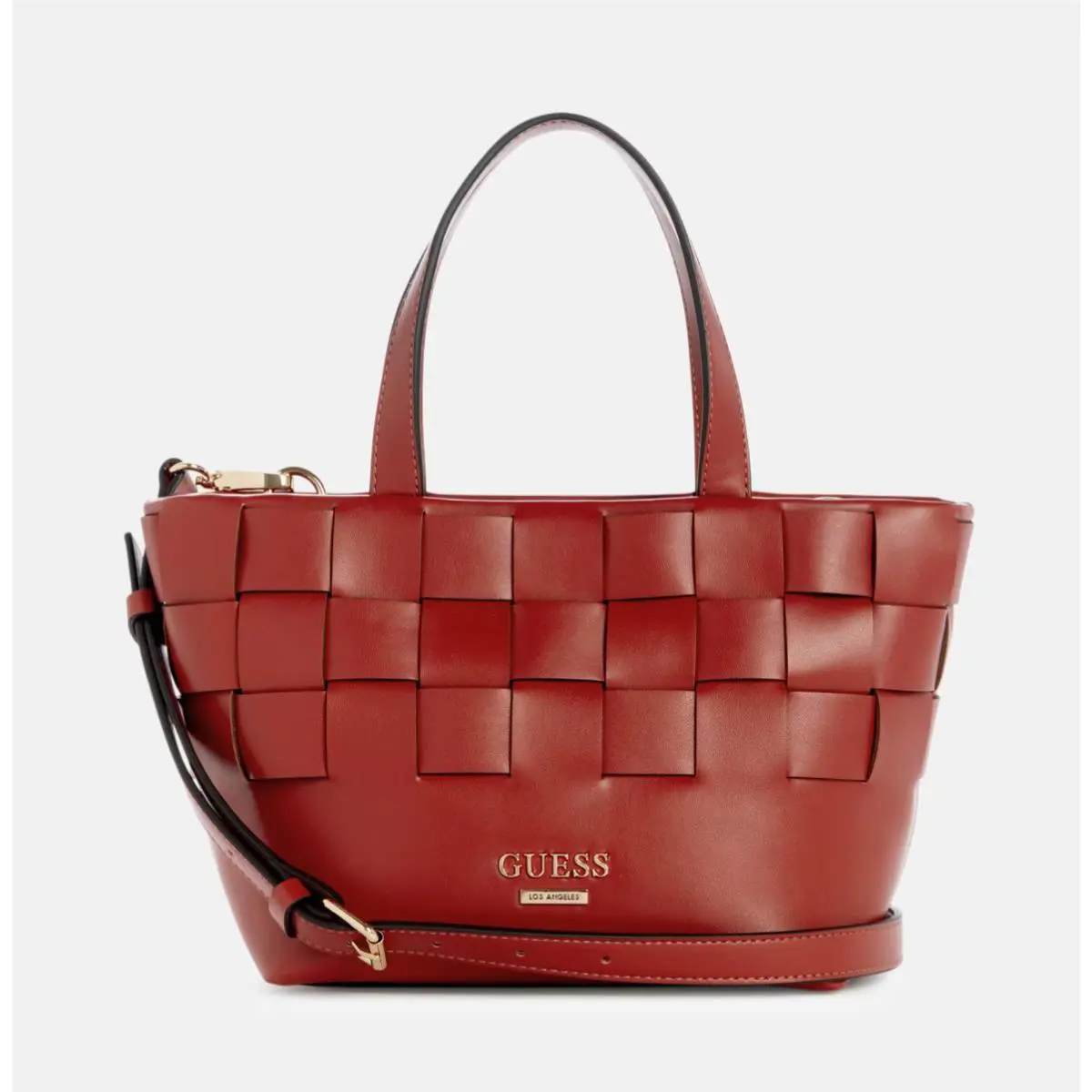 Guess Bordizzo Woven Small Crossbody Satchel Red Gold